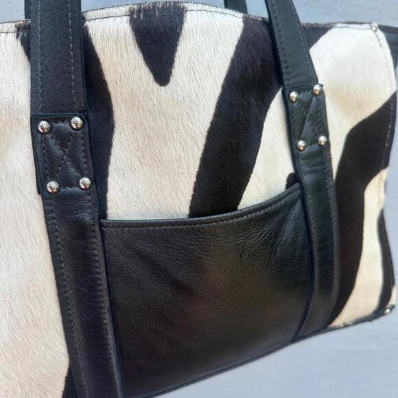 CIMMARON Zebra Black and White Haircalf Leather Large Tote Shoulder Bag - Picture 4 of 9